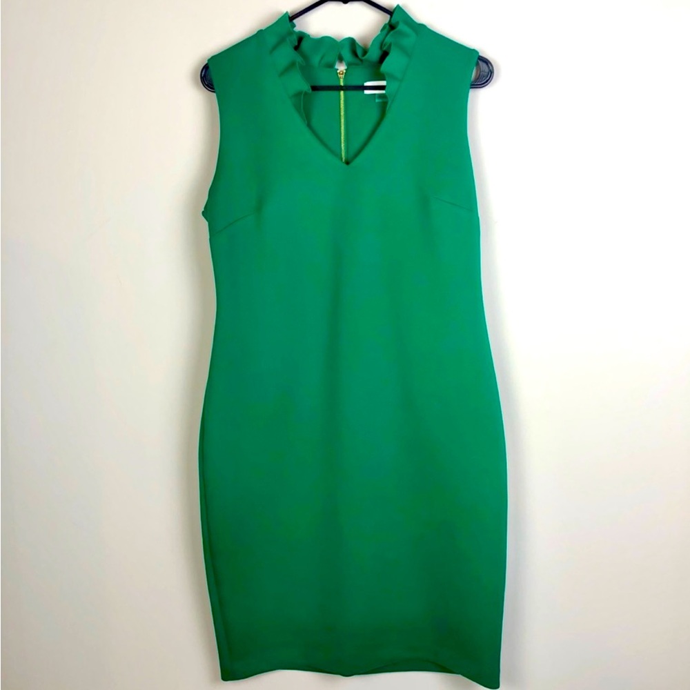 Calvin klein green scuba ruffle neck dress, size 12.